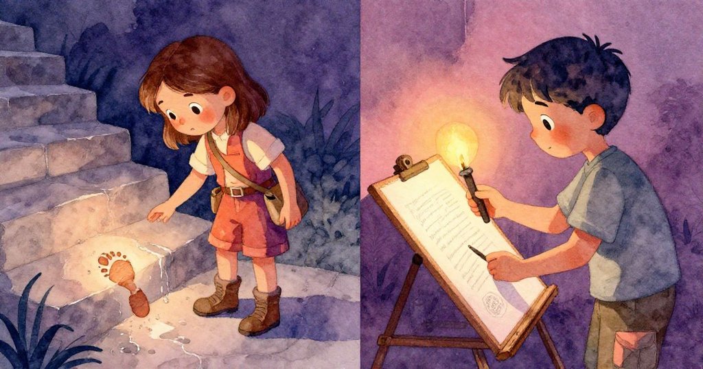 Gwen和Ivan分畫面呈現，左側Gwen凝視潮濕腳印，右側Ivan用火把照亮扭曲設計板，場景充滿懸疑與細節感。