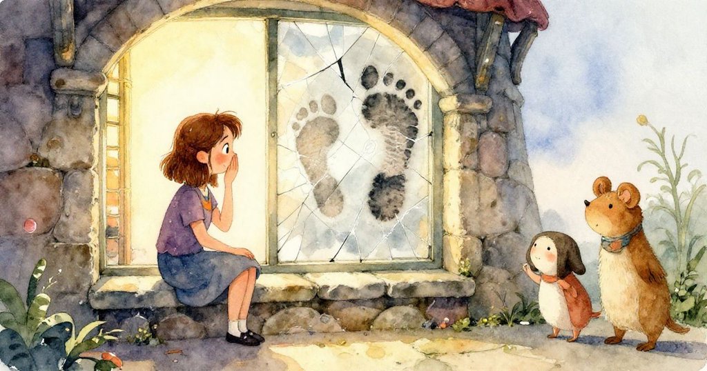 透過破碎窗戶雨滴洗刷石牆，Gwen的手輕輕拭去濕潤痕跡，細節豐富，充滿柔和氛圍。