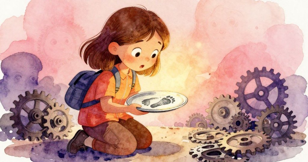 Gwen跪於散落齒輪間，發現一鐵盤上清晰的腳印素描，臉部表情驚奇而充滿探索熱情。