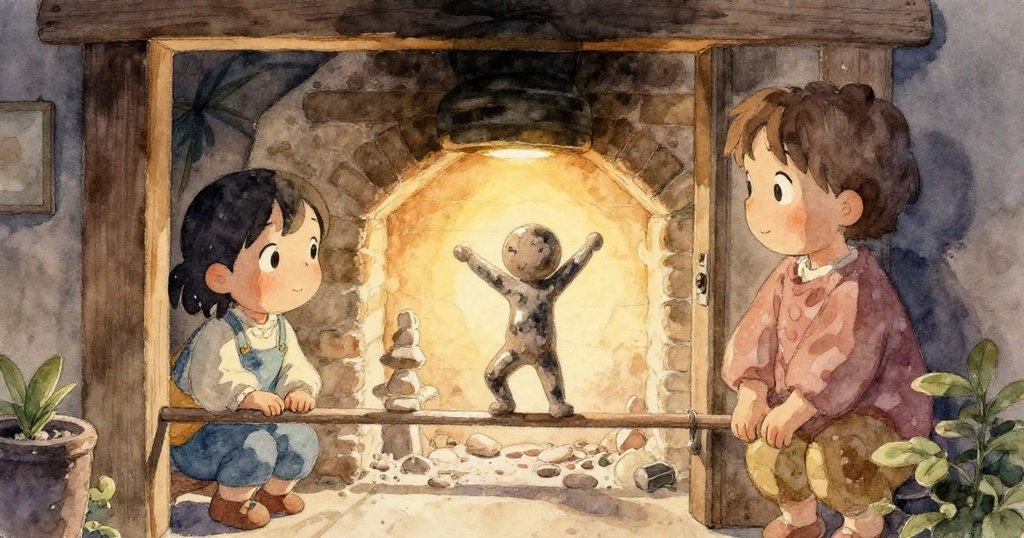 Suki用手輕輕擦袖,仔細觸摸神秘泥塑,細節豐富、情感真摯,背景透出夕陽餘暉