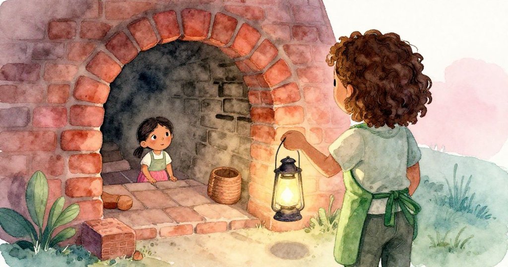 Dina背對觀眾舉著燈籠照亮窯爐內部,Suki在遠處專注觀看,燈光溫暖神秘,場景過渡柔美