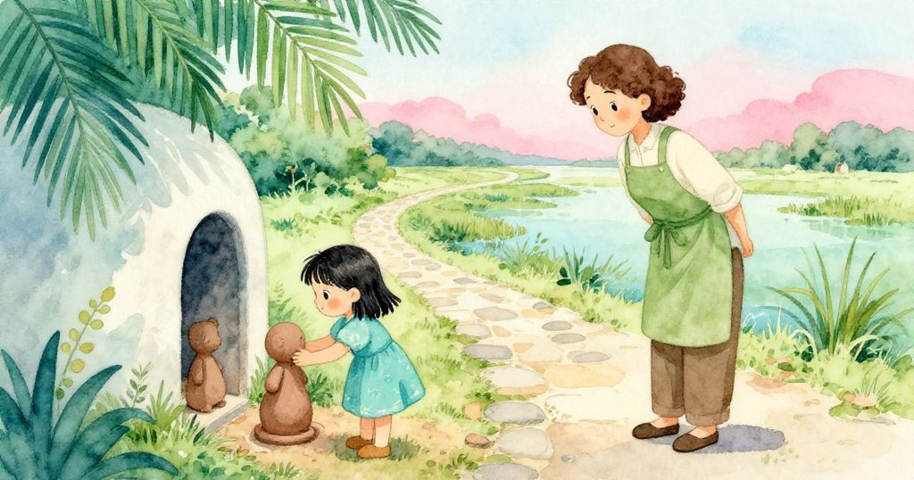 Suki將泥塑小騎士輕放於涼爽的壁龕旁,Dina靜靜注視,彎曲石路通往寧靜沼澤,故事氛圍含蓄延續