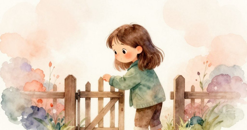 橄欖濕潤的袖子映襯下,小心觸碰老舊小門,四周留有寬廣空白,氣氛沉靜且專注。