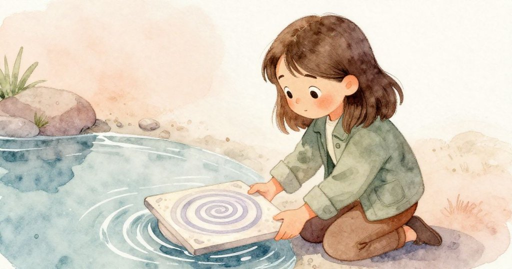 橄欖蹲在溪邊,輕輕拾起一塊刻有螺旋紋的磁磚,水面倒映出她專注的神情和漂浮的小陶燈。