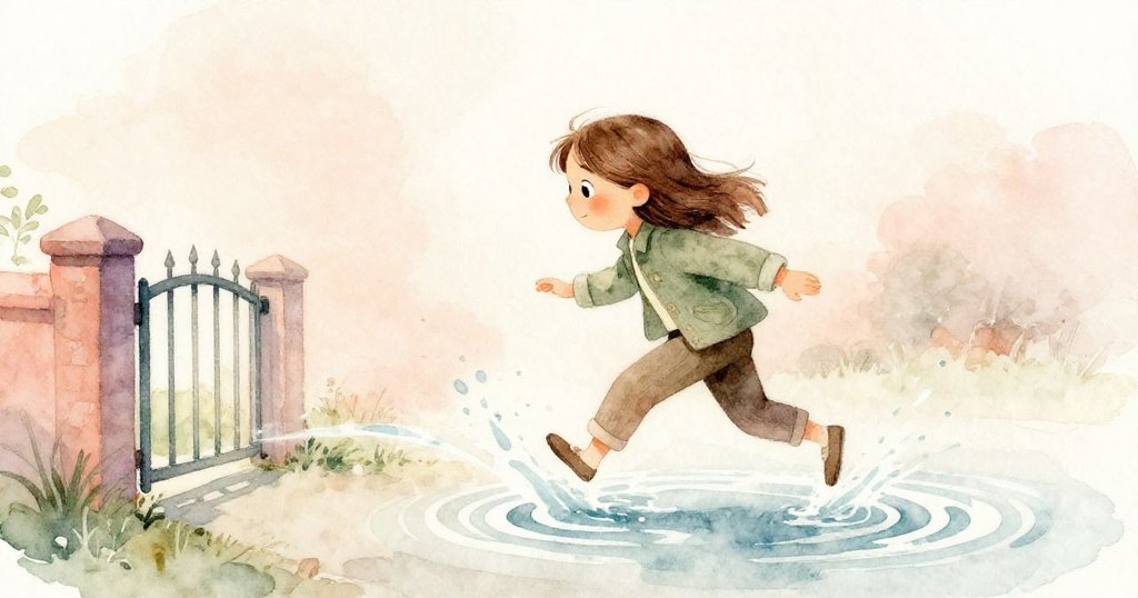 橄欖小心後退,水波從腳邊擴散向小門流去,畫面充滿轉變的柔和光影,顯現出神秘與期盼。