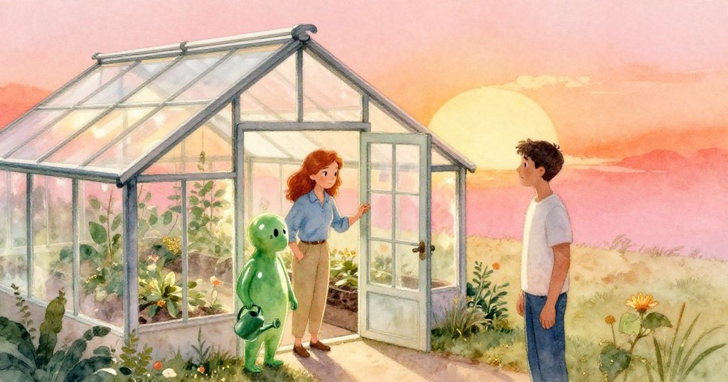 Sage在清晨推開溫室門，Kent在旁觀察，溫室外光線柔和，意外發現綠色光澤的物體展現新一天開始