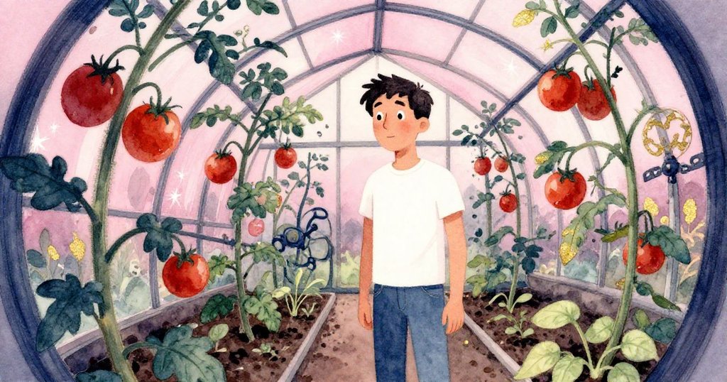 Kent在扭曲視角中於綠意盎然的番茄藤間觀察神秘物件，氛圍奇幻帶有低調金光