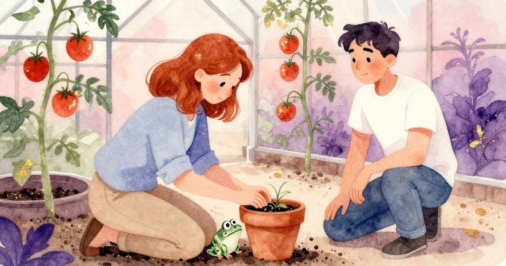 Sage蹲在繁花溫室中，輕放陶瓷青蛙於破裂陶盆旁，Kent在旁默然注視，情感流露無聲轉折