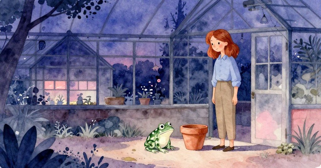 Sage在暮光溫室中靜思，陶瓷青蛙安置於陶盆旁，柔和藍紫光映襯出神秘結局，餘味無窮