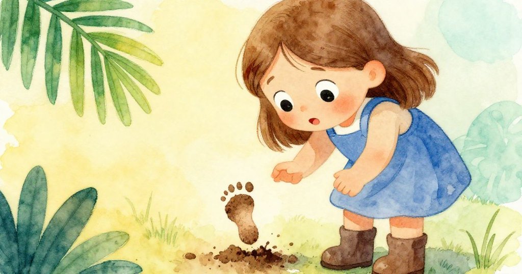 Iris蹲下仔細觀察泥中微小腳印,特寫她充滿好奇與疑惑的眼神,畫面溫暖細膩,展現探索之情。