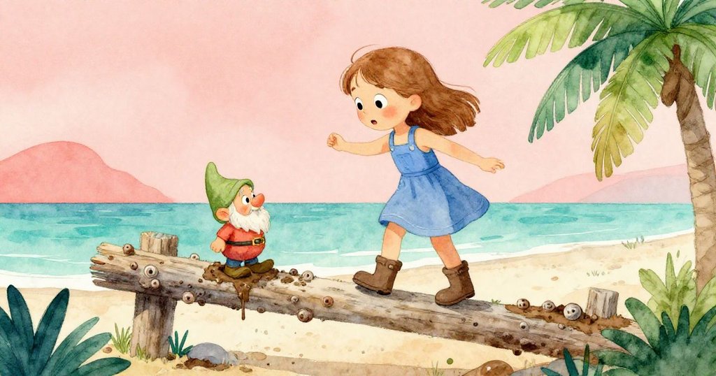 Iris站在古舊潮濕木樑上,小心翼翼解救風化的矮人像,前景留有足跡,中景與背景海鷗與退潮相映,層次豐富。