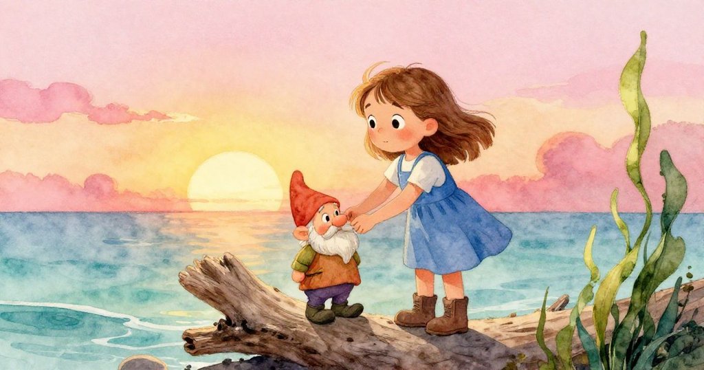 Iris在夕陽下將風化矮人像放置於破舊木板上,周圍海帶隨風搖曳,退潮海岸泛著暖色調,情感溫馨。