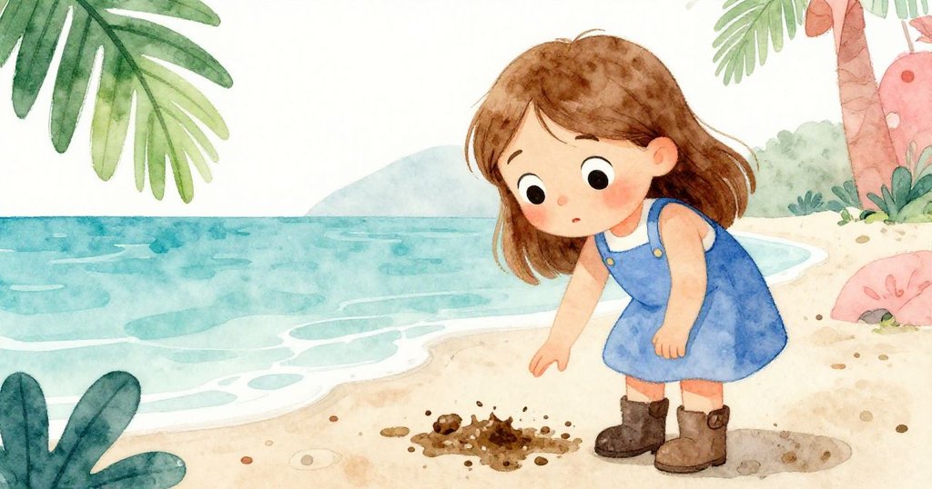 Iris靜立於泥濘足跡間,微抬手觸摸獨特印記,表情深思猶豫,背景退潮與濕潤海岸映襯著內心掙扎。