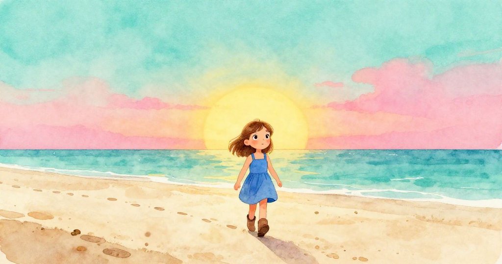 Iris背對觀眾沿著留有舊足跡的沙灘大步前行,遠方海天一色充滿希望,新篇章正等待著她。