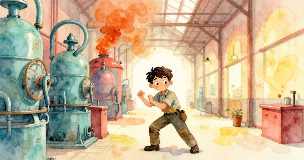 科爾在熔爐走廊忙碌操作，背景橙色煙霧與金屬結構交織，展現專注與堅毅，開啟工廠冒險。