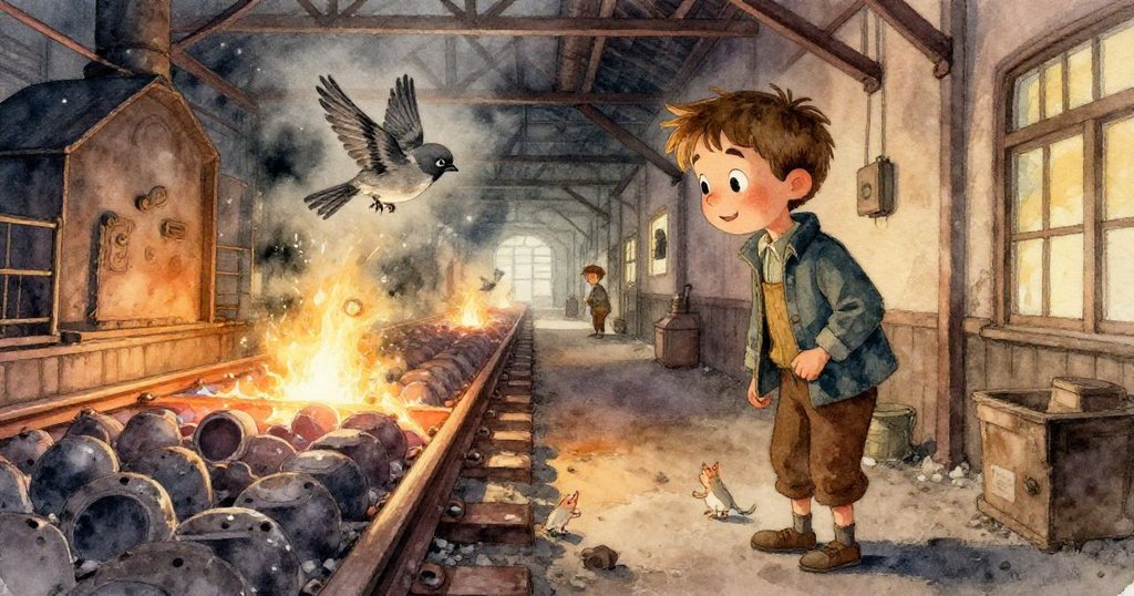 科爾輕觸軌道上鐵製小鳥雕像，手指細膩動作彰顯工藝精緻，背景隱現工廠細節，情感由驚奇轉變。