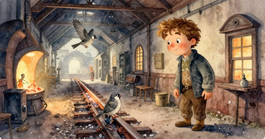 透過科爾肩後視角看他專注凝望鐵鳥雕像，爐火蒸氣交織柔光，情感因疑惑轉向思索。