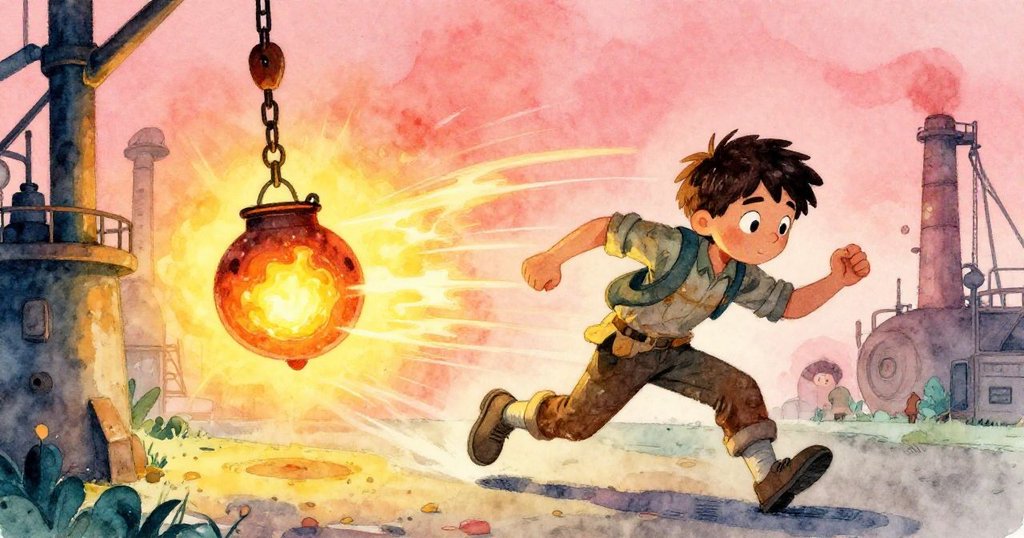 科爾急步追趕發光坩堝，吊鏈運動與火光交織，展現追逐時刻的急迫與驚奇情緒。