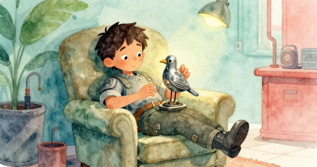 科爾坐在破舊扶手椅上靜靜休憩，輕撫冷卻鐵鳥雕像，柔和工廠光影映出內心平靜與深刻反思。