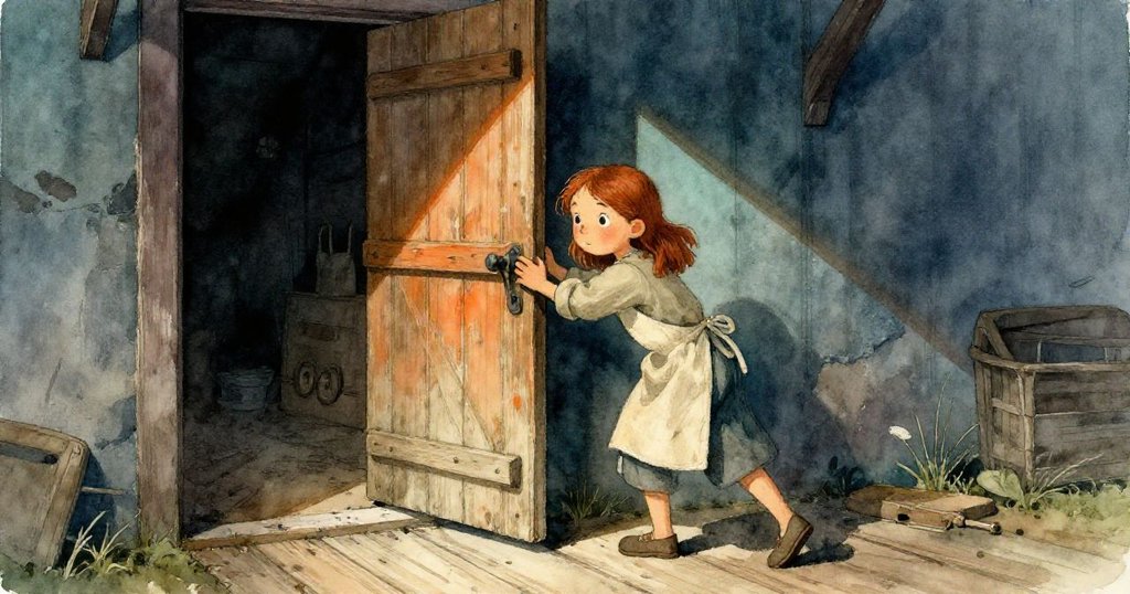 女孩推開破舊松木門，步入磨坊內粗糙地板，柔和光線交織下展現探索與期待。