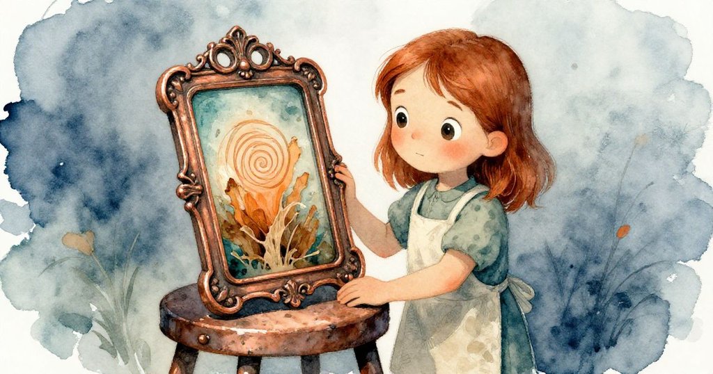 女孩細心提起銅框，銅框上覆蓋著乾粉和隱藏漩渦圖案，呈現出歷史的細膩痕跡。