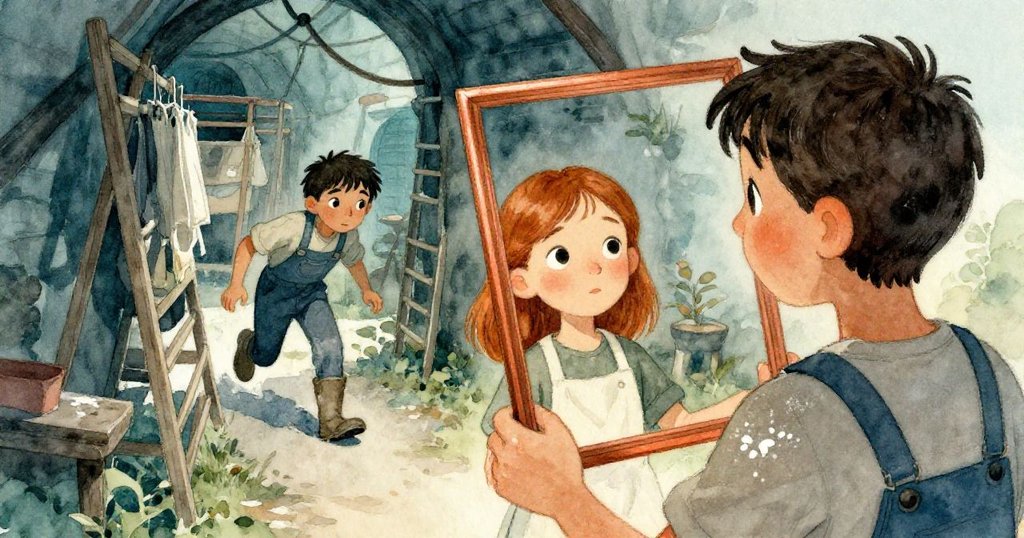 女孩肩後的視角中，伊凡從舊曬衣架後現身，身沾粉塵與水滴，專注聆聽古機器作響。