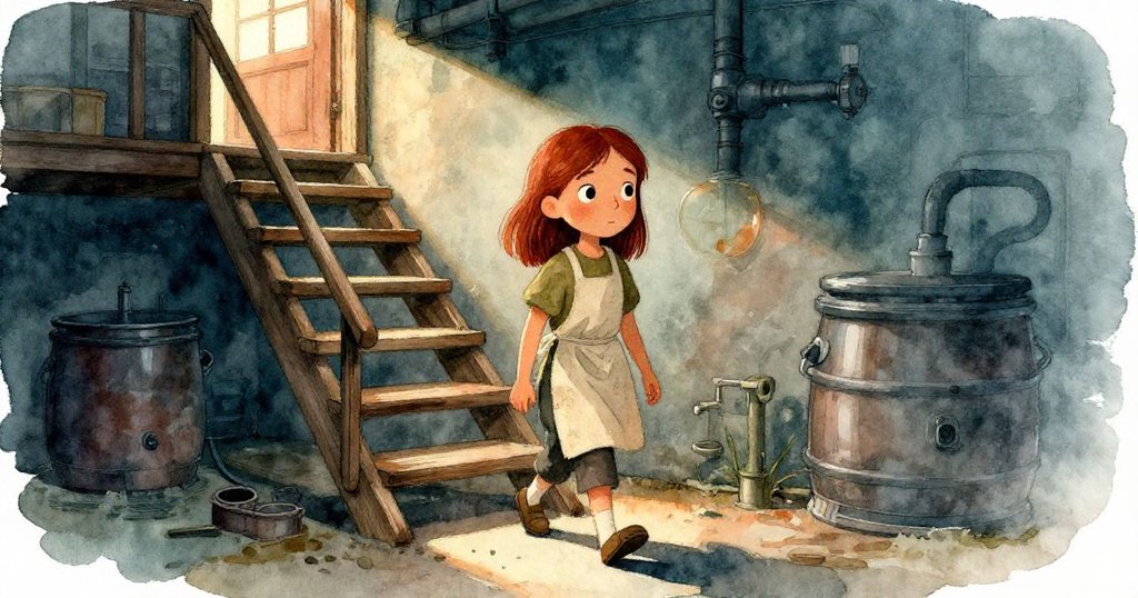 女孩走向老舊的木階，站在通往蒸汽房門口，腳步中流露出探索與慎重的情感。