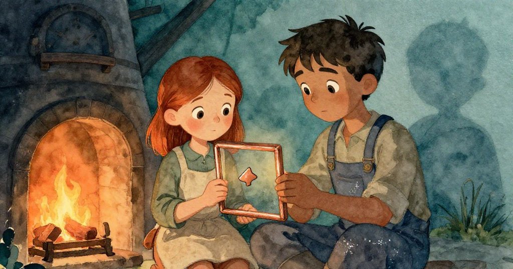 女孩與伊凡共享驚奇時刻，兩人聚精會神地觀察銅框上刻有箭頭，臉上露出溫暖愉悅的微笑。