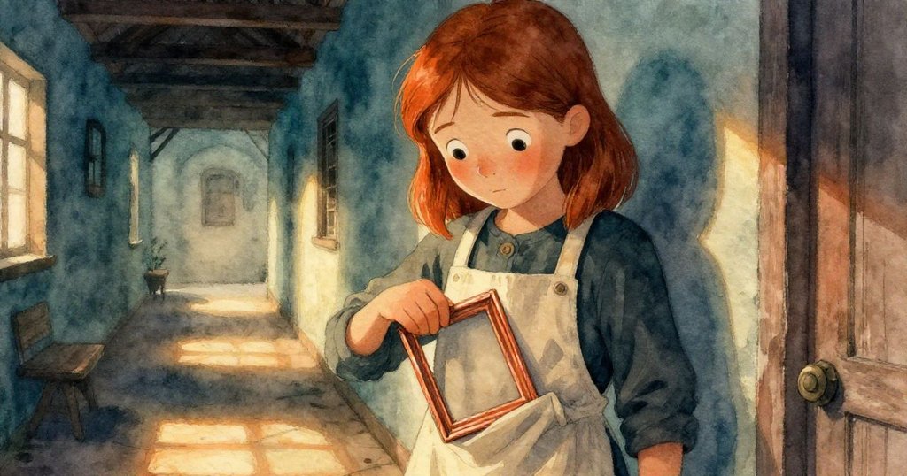 女孩將發光的銅框輕輕放入口袋，站在舊磨坊門口，金色光線映照出堅定與溫柔的決心。