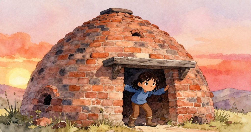 在溫暖夕陽下，Zara躲避低矮樑桁進入舊窯舍，腳踏炭灰飛舞，神情堅定，背景呈現層次磚牆與橙色光暈。