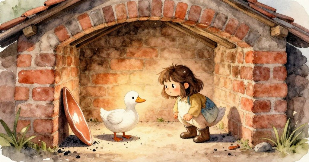 在窯室內，Zara輕觸光滑陶片，指尖探索如地圖般的裂痕，細節清晰、金光閃爍，流露驚奇神情。