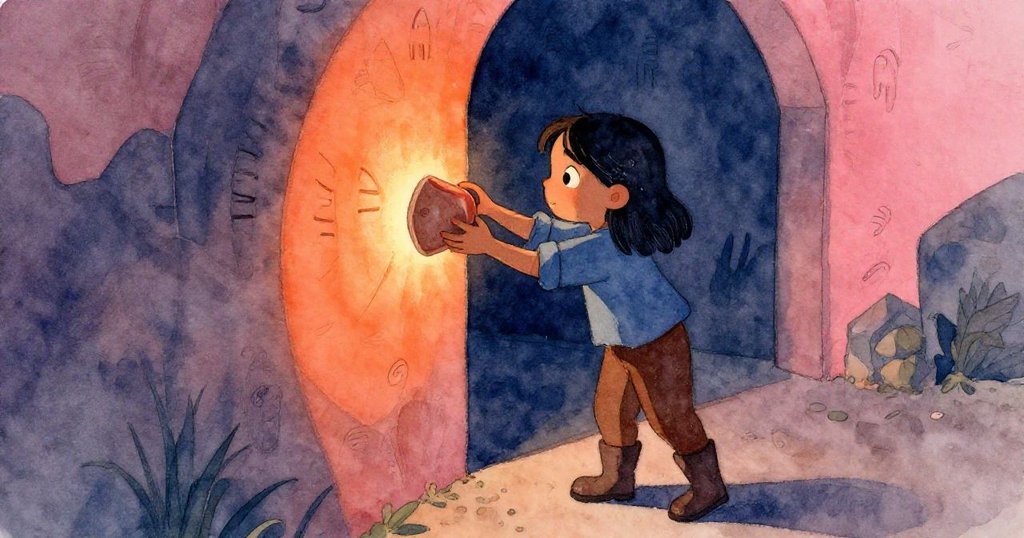 Zara透過窺視縫隙凝神調整陶片，對應牆上神秘痕跡，橙光與深靛色交織映襯，流露專注與好奇。