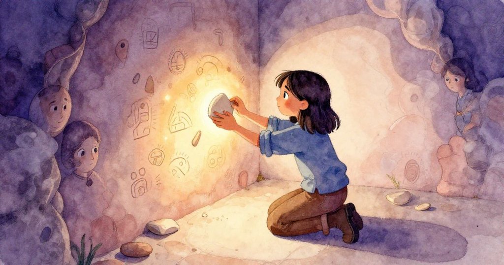 從高處俯瞰，Zara跪於老窯內對齊陶片與神秘磚上刻痕，環境煙霧瀰漫，專注神情中透出尋秘意味。