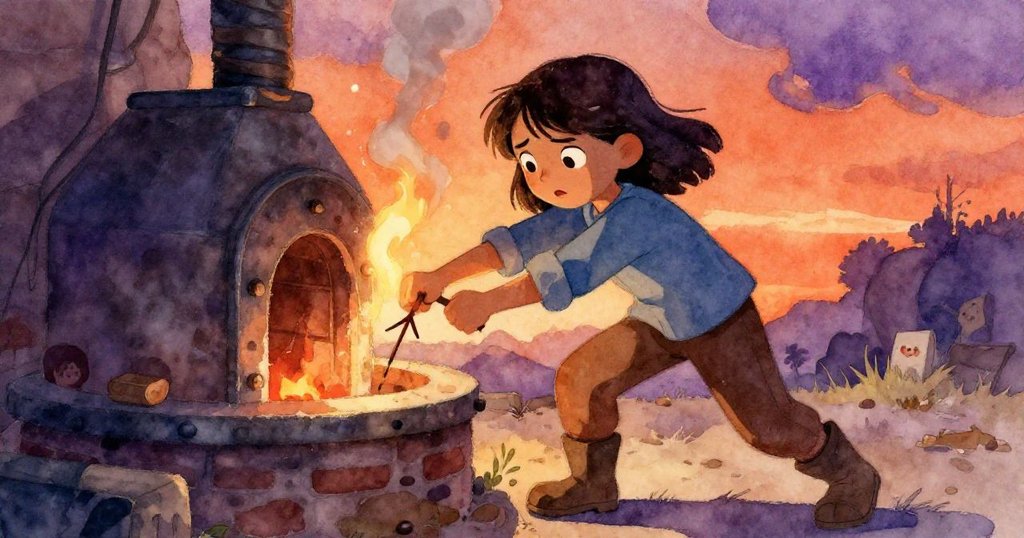 Zara焦急中用松木楔堵住金屬風門，臉上流露出緊張與決心，背景夕陽與深靛色交織，煙霧緩緩彌漫。