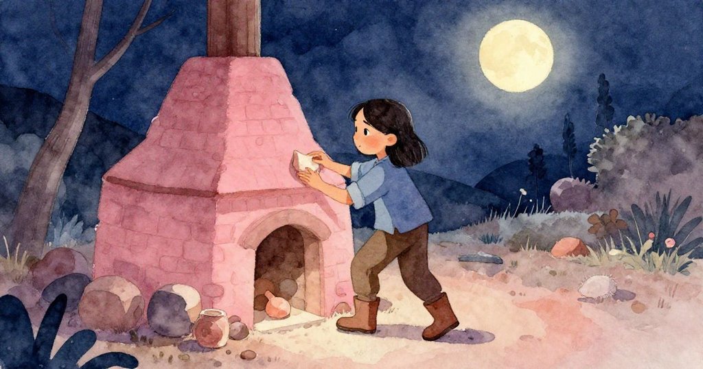 夜幕中，Zara從溫暖窯室走出，放下陶片，面帶寧靜微笑，冷冽暗靛與玫瑰粉色交織描繪和諧結局。