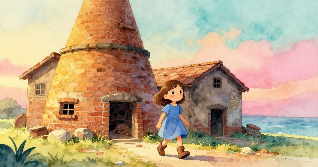 小女孩Dina在晨曦中走向老燒窯，步伐輕盈且滿含期待，背景是溫暖亮麗的日出和斑駁磚牆。