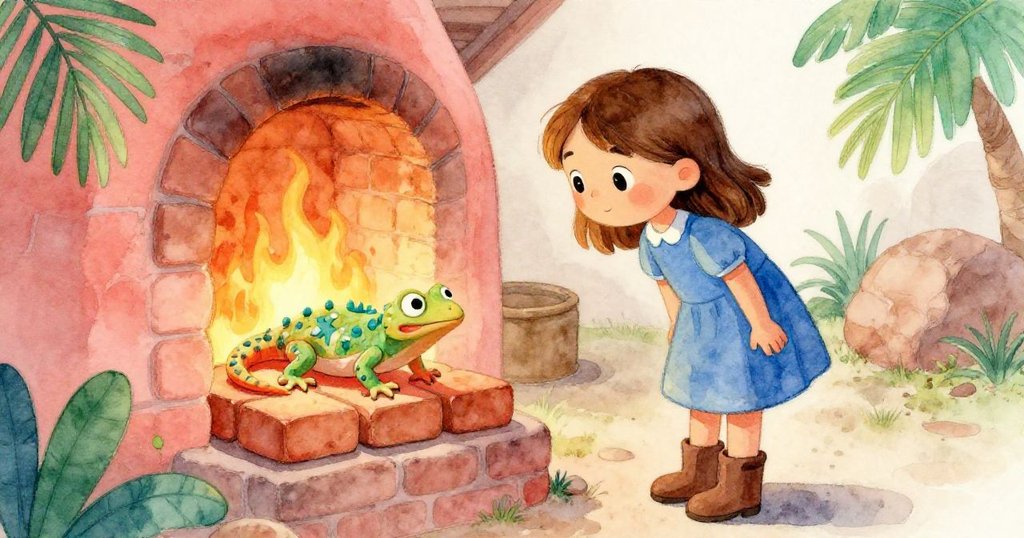 小女孩Dina在燒窯入口處觀察放置於熱磚上的陶鱗蜥蜴，火光顯現出橙色邊緣，她小心而著迷。