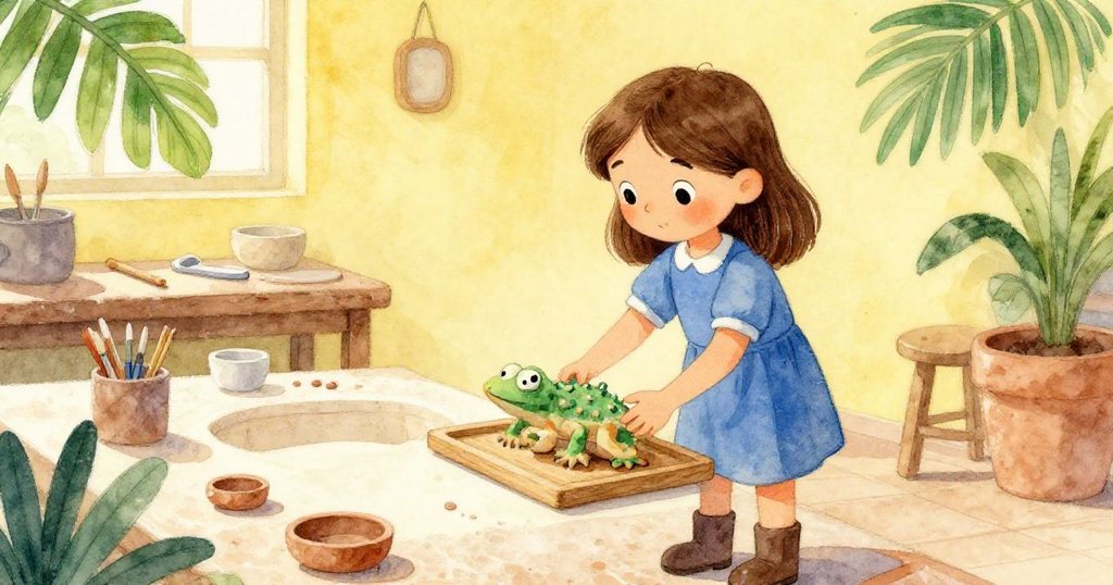 在溫馨的工作室中，Dina小心將陶鱗蜥蜴從窯中轉移到木盤上，四周擺滿冷卻中的作品，充滿歷史與創意。