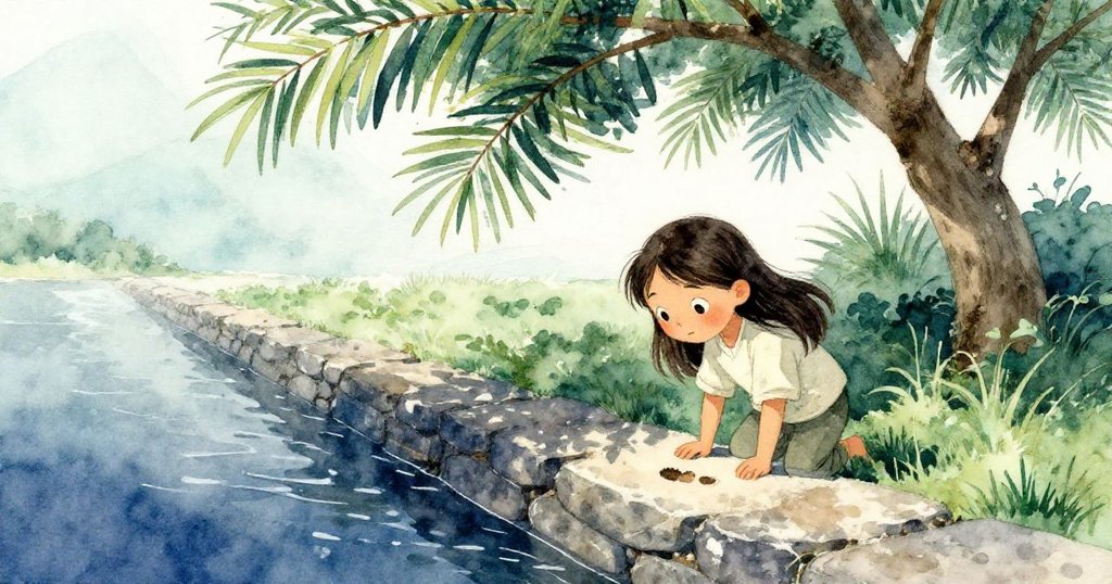 塔拉在樹蔭下專注觀察石頭上的靴印，附近有淙淙流水，表情充滿好奇，場景展現自然與神秘氣氛。