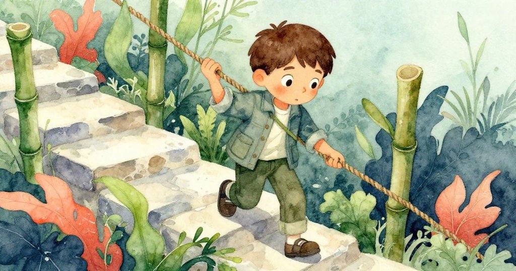 塞斯正從石階上活躍跳下，手持粗糙麻繩，背景有竹子和環保工具，神情堅定，環境充滿自然層次感。