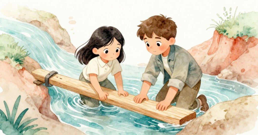 塔拉與塞斯共同操作膠合板杠杆管理流水，柔和光線下展現合作與挑戰，場景充滿自然演變與溫暖氛圍。