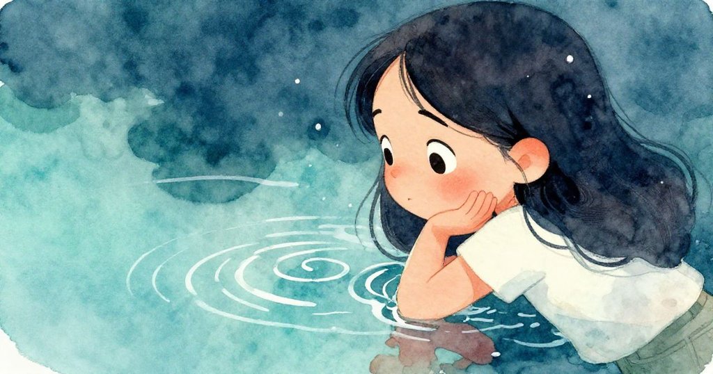 塔拉近距離凝視自己在水中的倒影，表情複雜既充滿驚奇又略帶憂慮，細滴水珠映襯出內心掙扎。