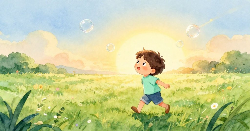 山姆迎著朝陽走進綠油油的田野，滿懷好奇心，周圍漂浮著閃亮的肥皂泡，天空和草地充滿溫暖光芒。
