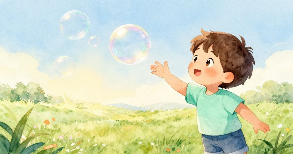 山姆彎下身子伸出手，小心地接觸透明旋轉的肥皂泡，臉上流露驚奇之情，背景是清新綠野。