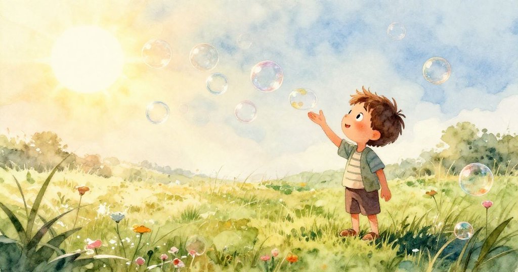 一個透明肥皂泡漂浮在小水坑上，映出山姆充滿思索的臉龐，光影細膩，充滿自然溫柔的美感。