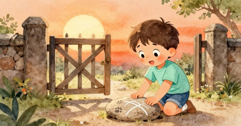 夕陽下山姆站在刻有淡粉筆線和乾痕的石頭旁，凝視自然留下的痕跡，背景中鄉村大門和溫暖光線隱約可見。