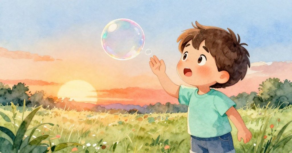 夕陽下山姆滿懷驚愕與淡淡憂傷地注視著最後一個即將消逝的肥皂泡，風輕輕拂過田野，情緒濃烈。