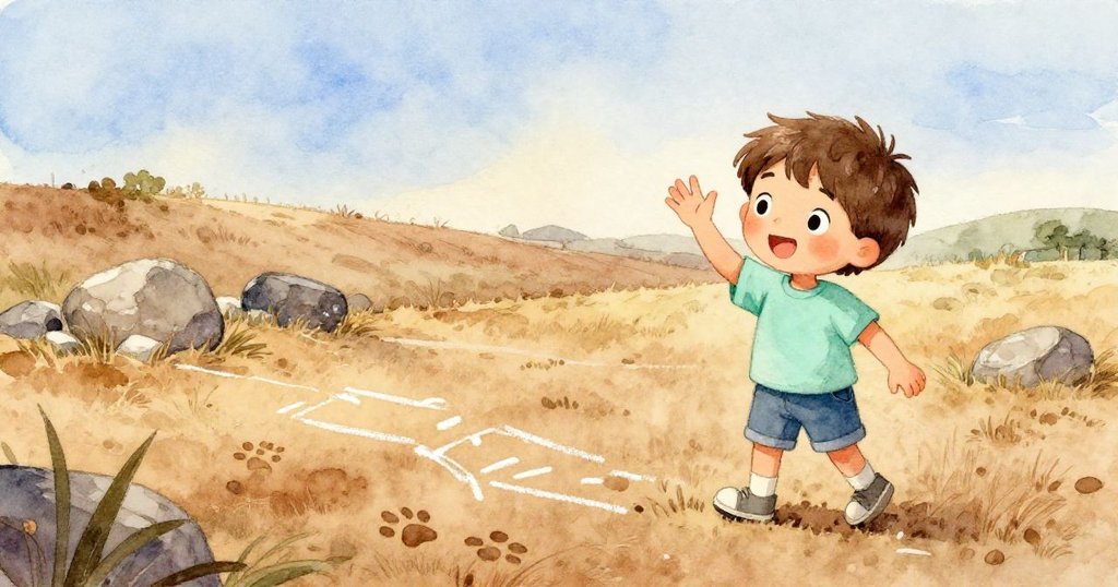 山姆在柔和的暮光中向寧靜田野道別，輕輕揮手告別刻有痕跡的石頭，心中滿是溫柔與不捨。