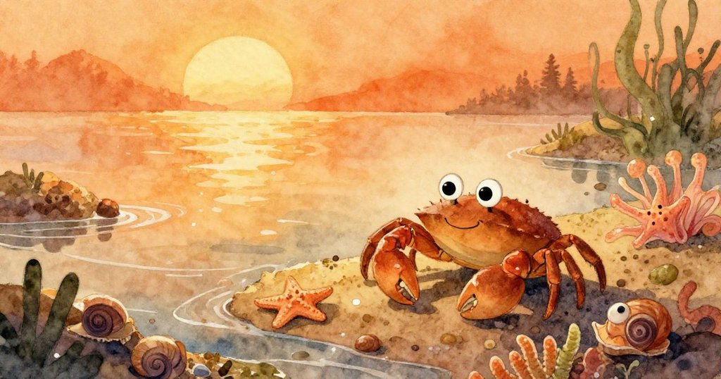 Crabby在黎明的潮池中活潑穿梭，與小生物互動，晨光灑下，神情愉悅，展開一天冒險。