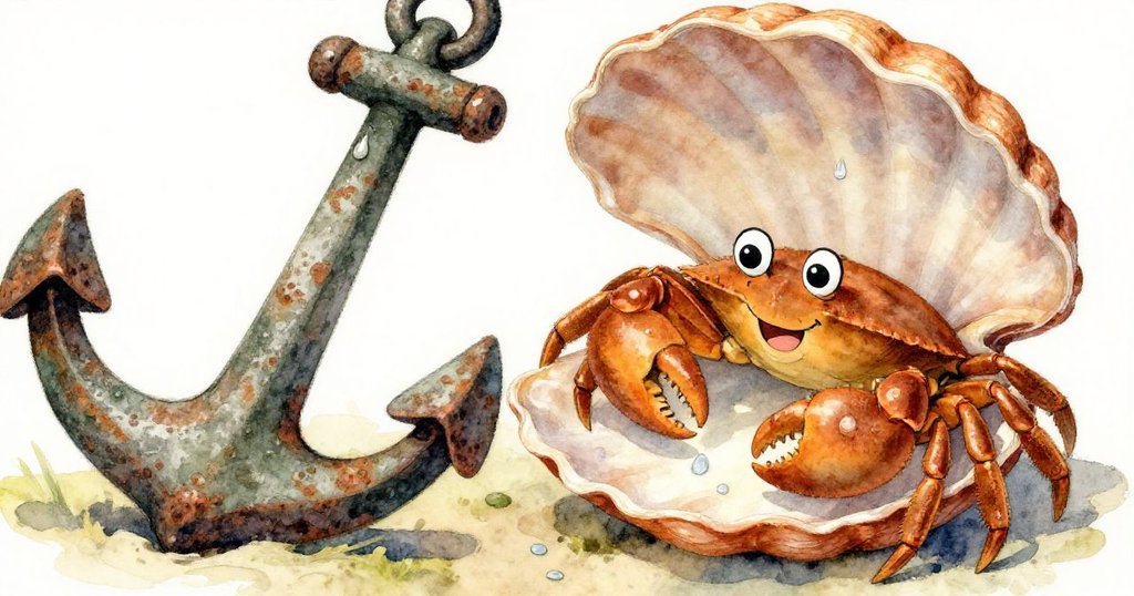 Crabby聚精會神地觸摸著貝殼與苔蘚覆蓋的舊錨，水珠閃爍，細節豐富，神情專注，場景充滿自然紋理。